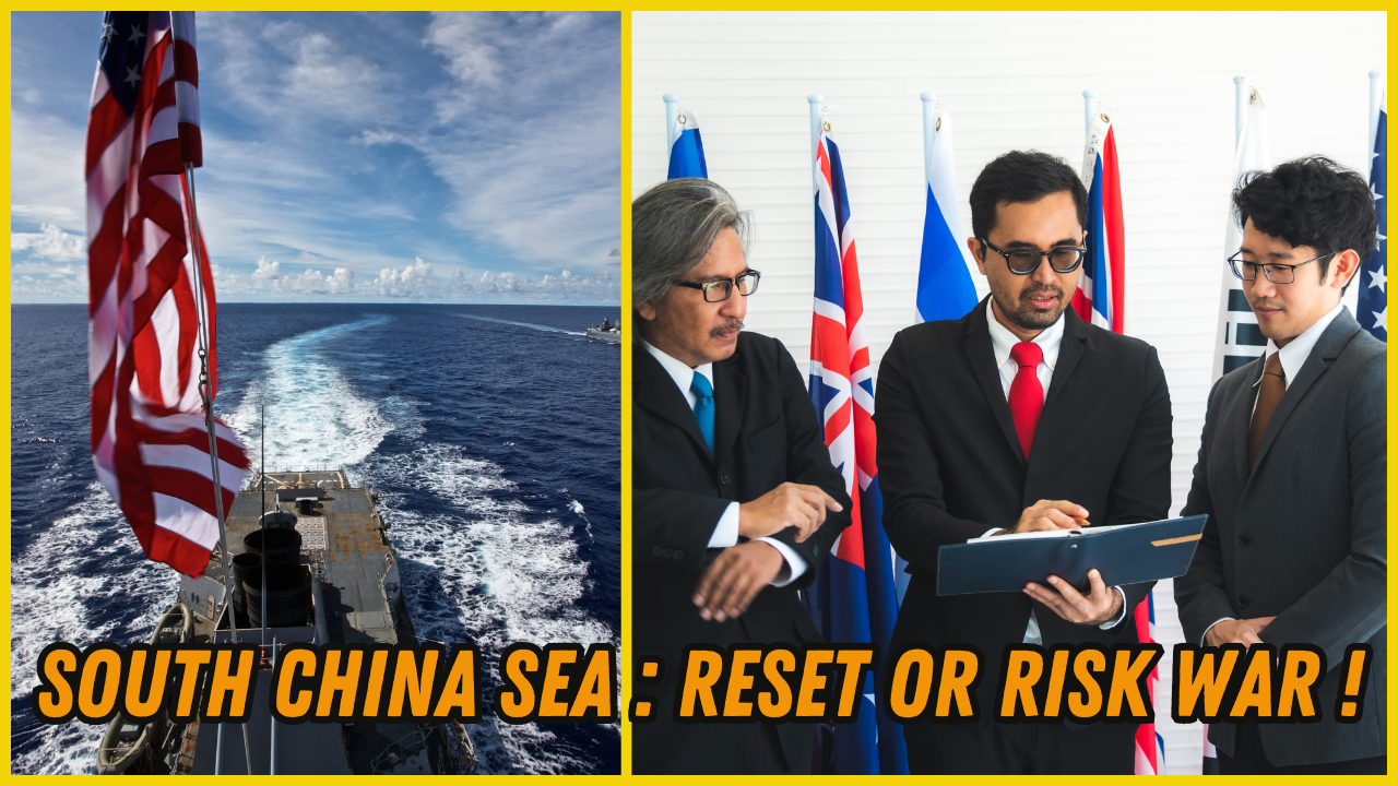 South China Sea showing a navy ship and 3 men shaking hands